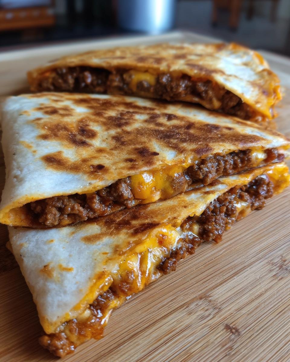 Two Hackfleisch Quesadillas with melted cheese, cut into triangles, on a wooden board.