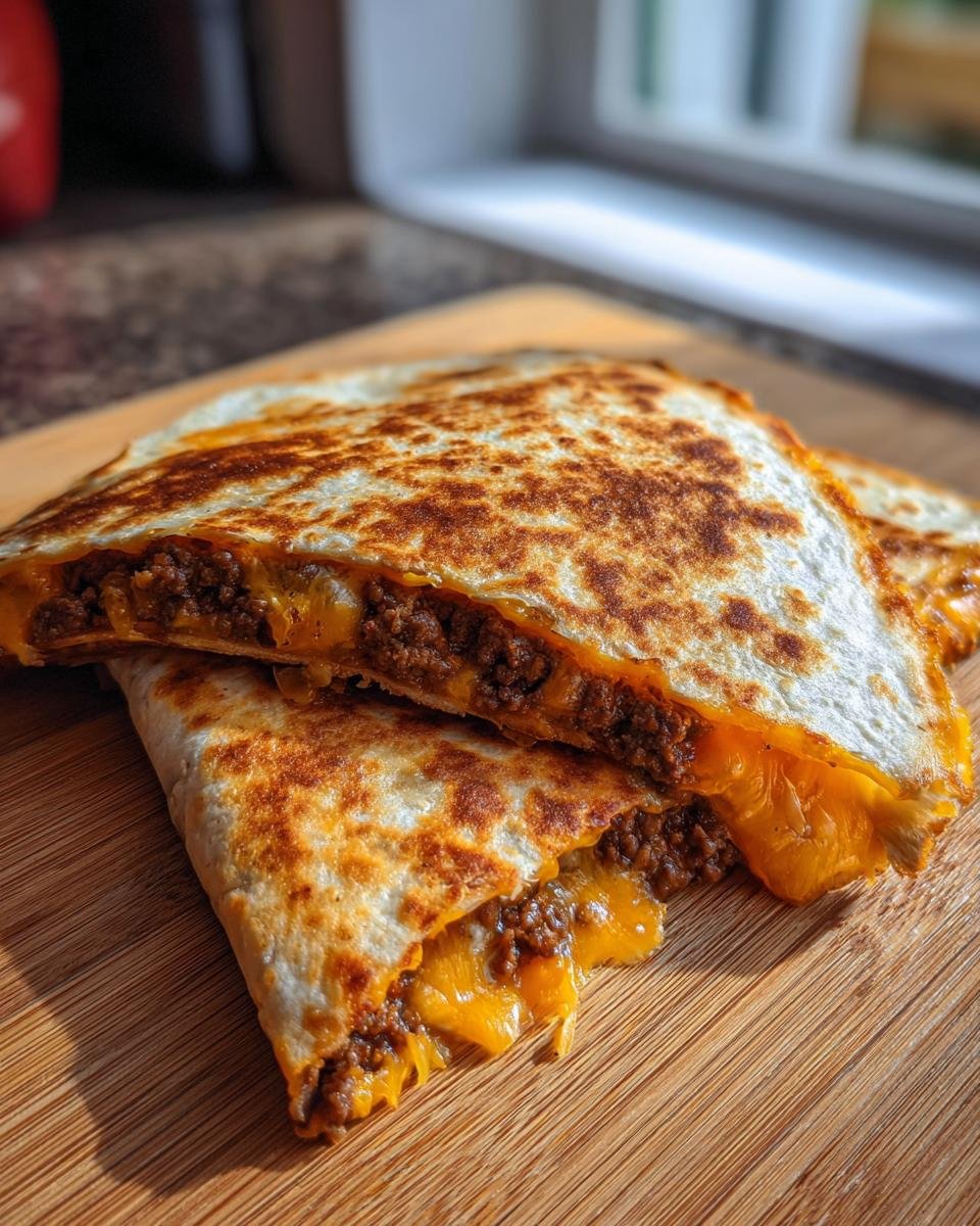 Stacked Hackfleisch Quesadillas with melted cheese and ground meat filling on a wooden board.