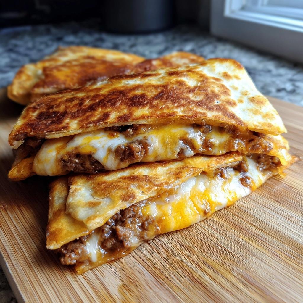 A stack of golden Hackfleisch Quesadillas filled with ground meat and melted cheese on a wooden board.