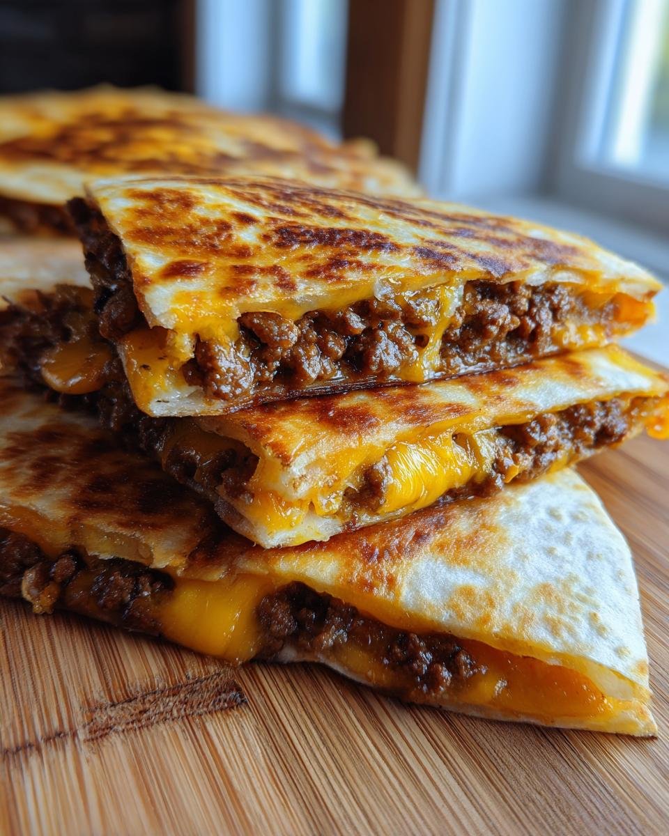 Close-up of stacked Hackfleisch Quesadillas with melted cheese and a crispy tortilla.