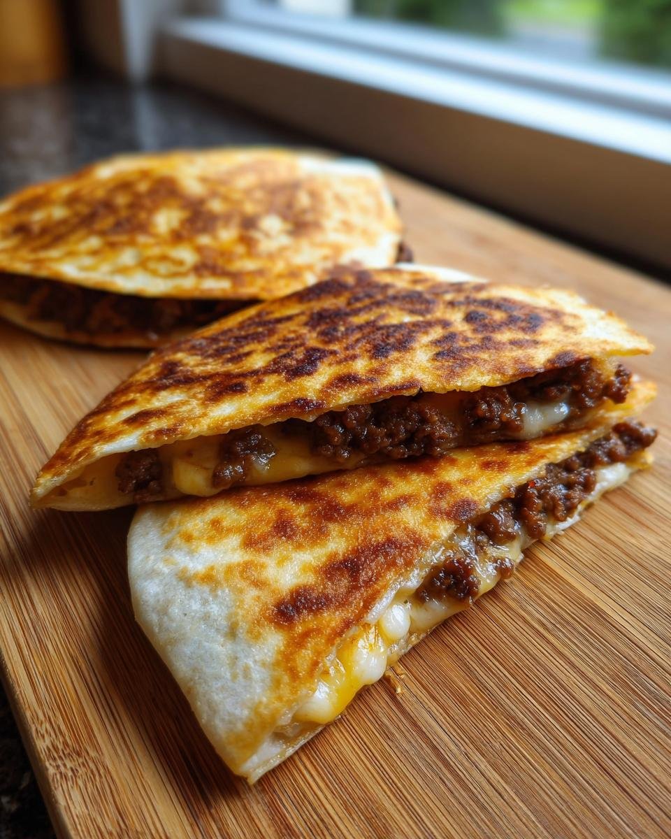 Close-up of golden brown Hackfleisch Quesadillas filled with ground meat and melted cheese on a wooden board.