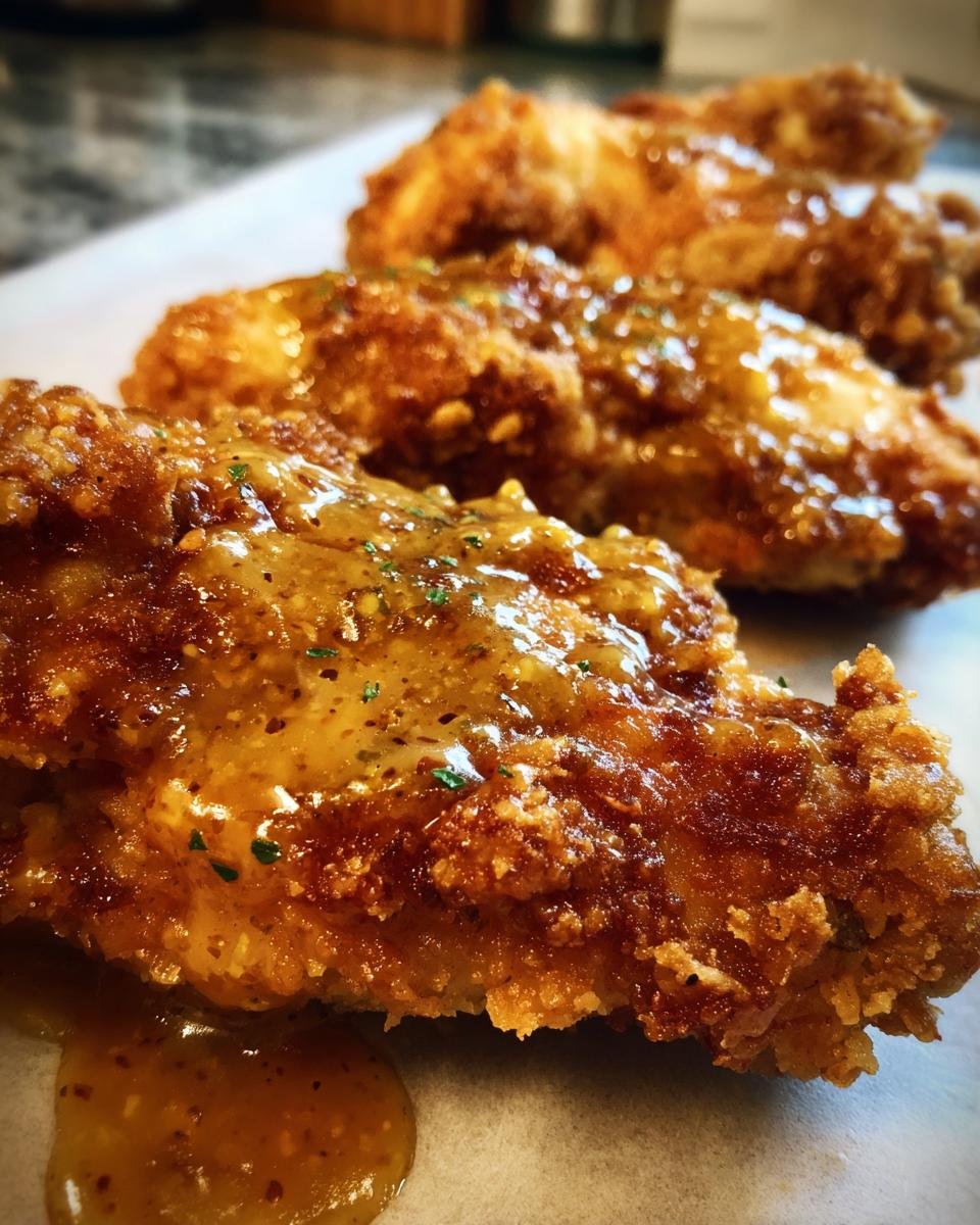 Close-up of Hähnchen mit Brezelkruste und Honig-Senf-Sauce, showing the crispy pretzel crust and honey mustard sauce.