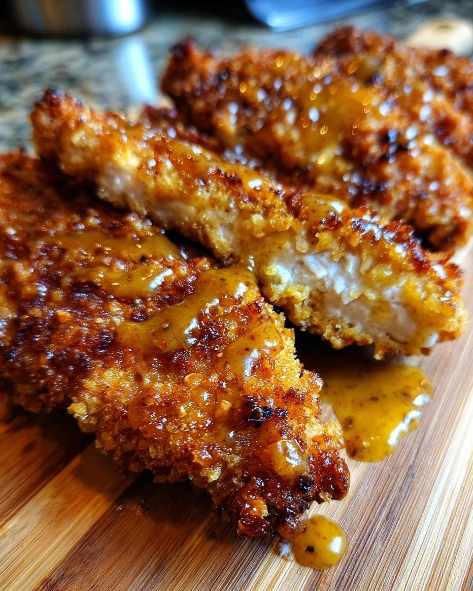 Close-up of Hähnchen mit Brezelkruste und Honig-Senf-Sauce, showing crispy pretzel crust and honey mustard sauce.