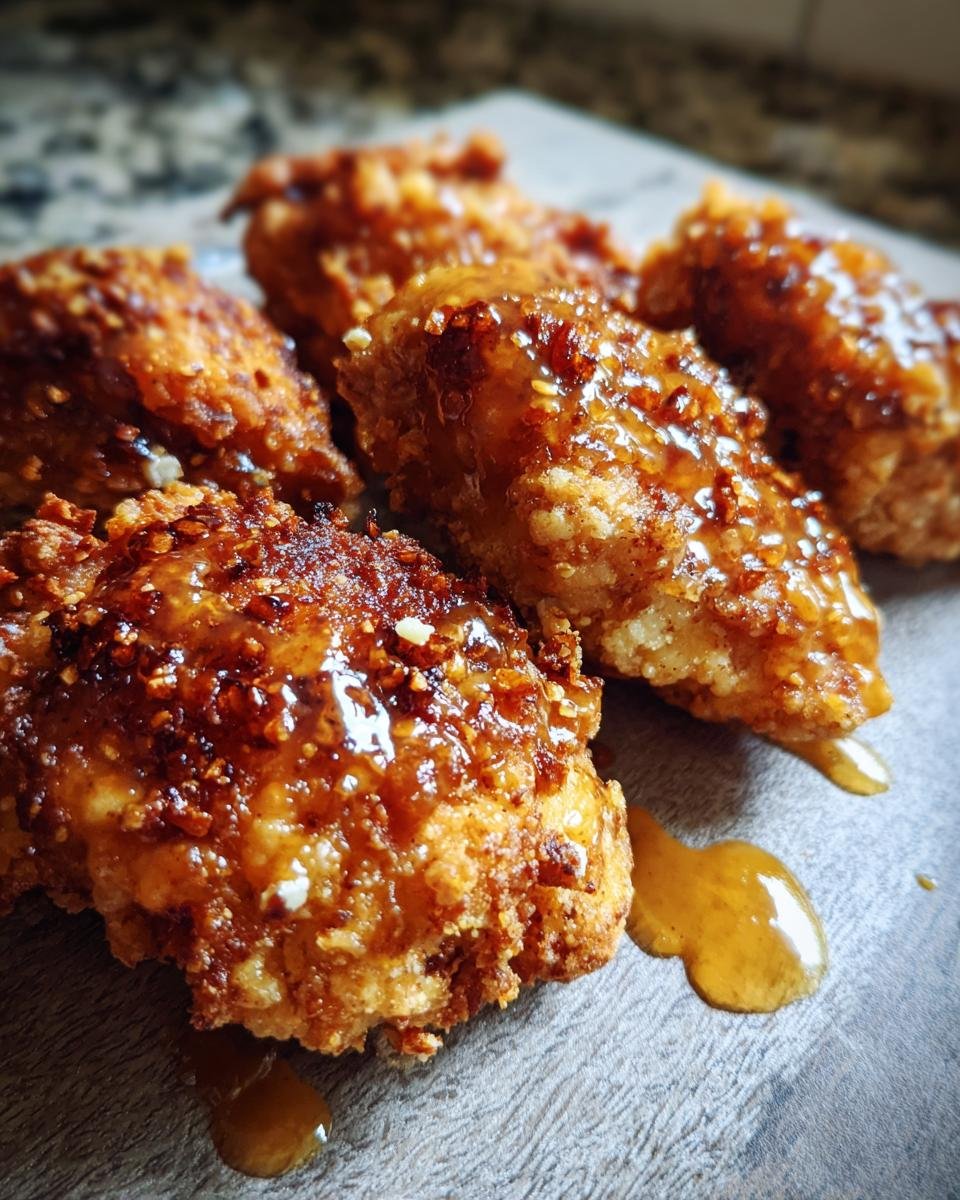 Close-up of Hähnchen mit Brezelkruste und Honig-Senf-Sauce, showing the pretzel crust and honey mustard sauce.