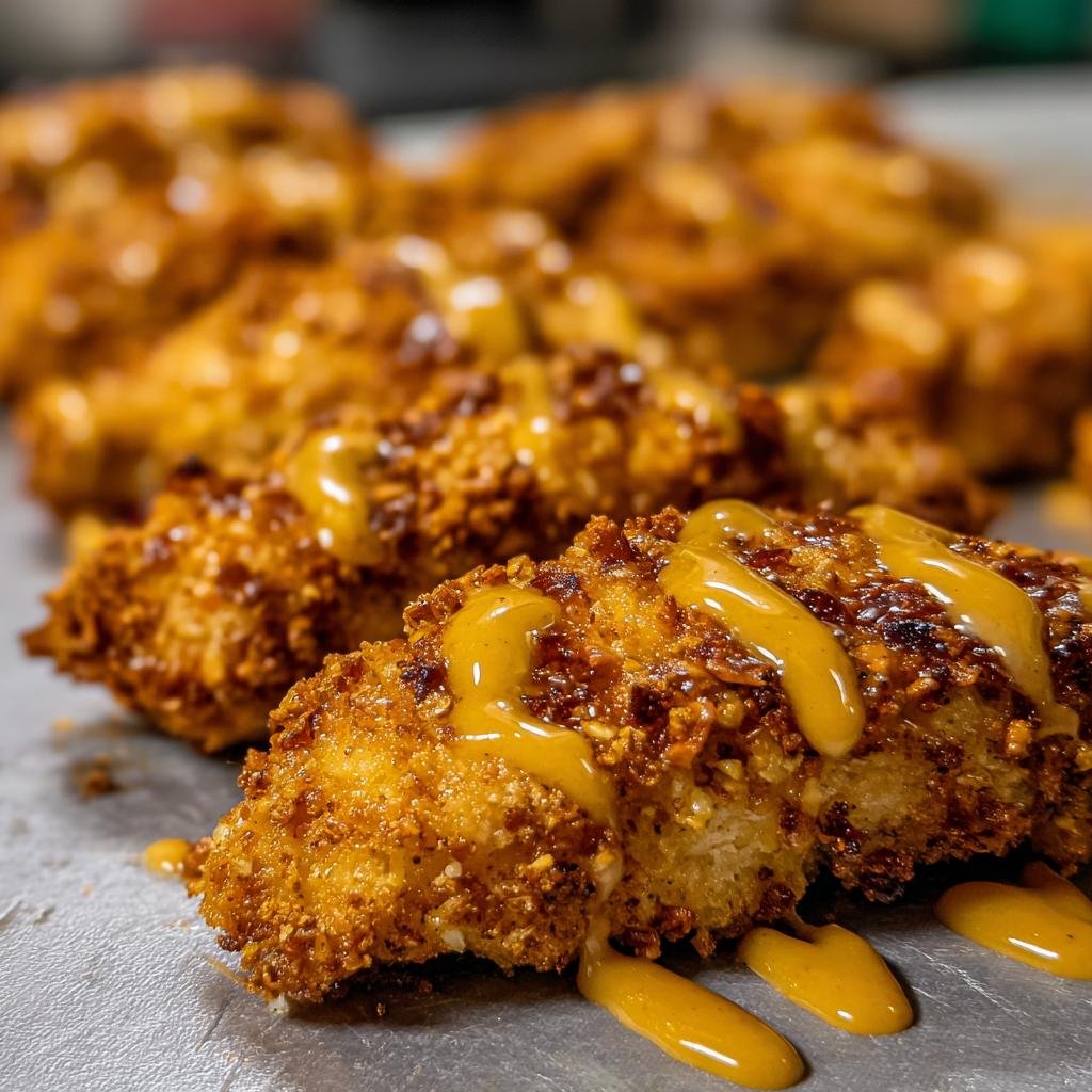 Close-up of Hähnchen mit Brezelkruste und Honig-Senf-Sauce, showing the crispy pretzel crust and drizzled honey mustard sauce.