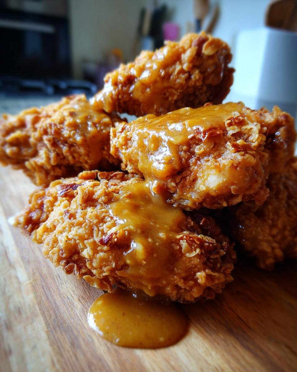 Close-up of Hähnchen mit Brezelkruste und Honig-Senf-Sauce, golden and crispy on a wooden board.