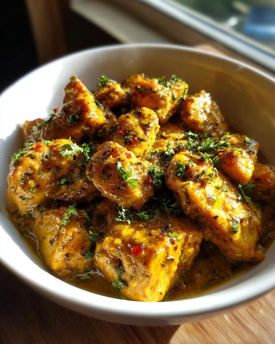 Close-up of Hähnchenfilet in cremiger Knoblauchsauce, garnished with parsley and red pepper flakes.
