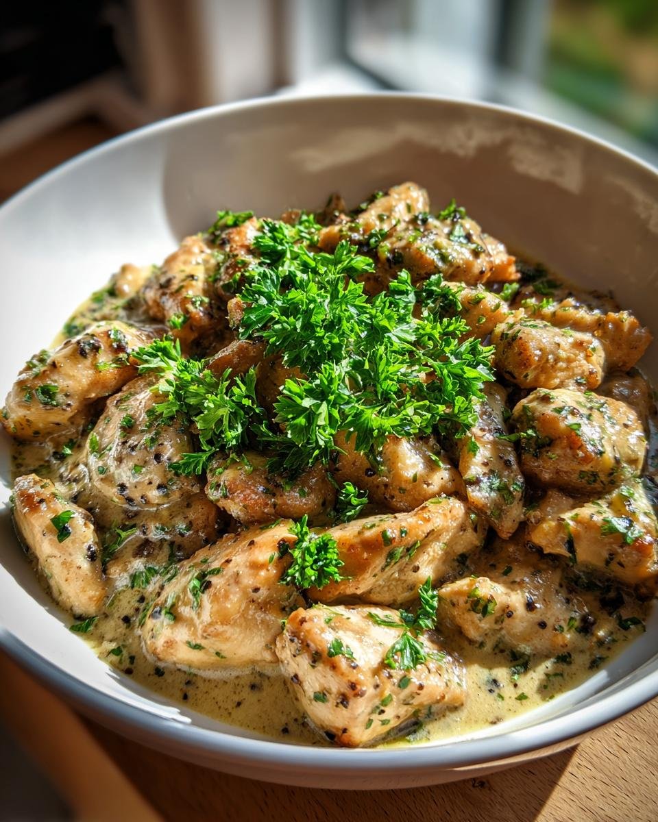 Delicious Hähnchenfilet in cremiger Knoblauchsauce, garnished with fresh parsley in a white bowl.