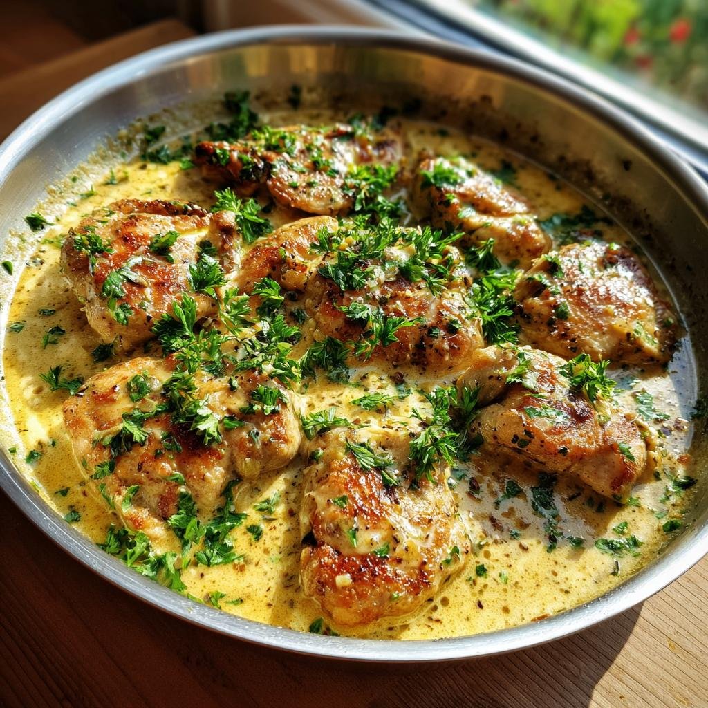 Delicious Hähnchenfilet in cremiger Knoblauchsauce, garnished with fresh parsley, served in a pan.