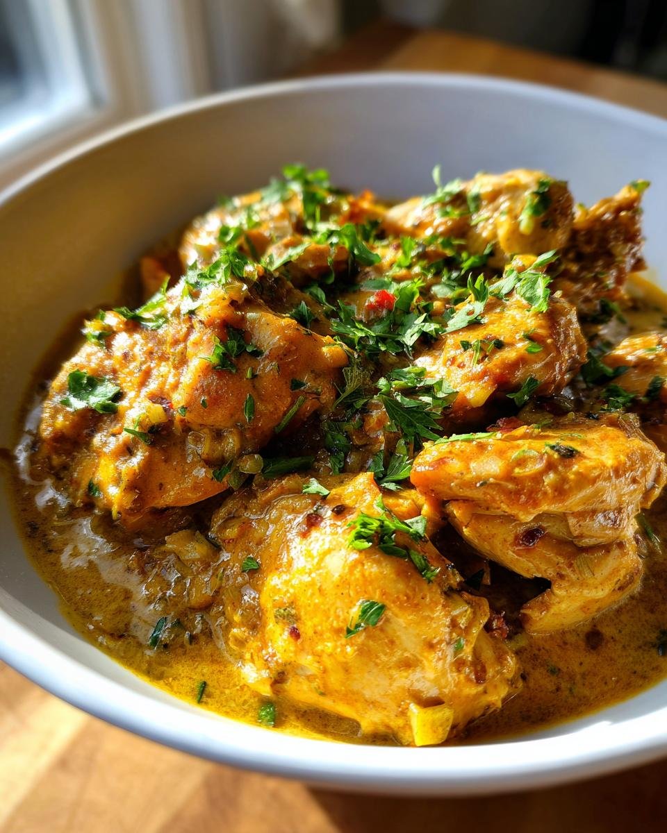 Close-up of Hähnchenfilet in cremiger Knoblauchsauce, garnished with fresh parsley.