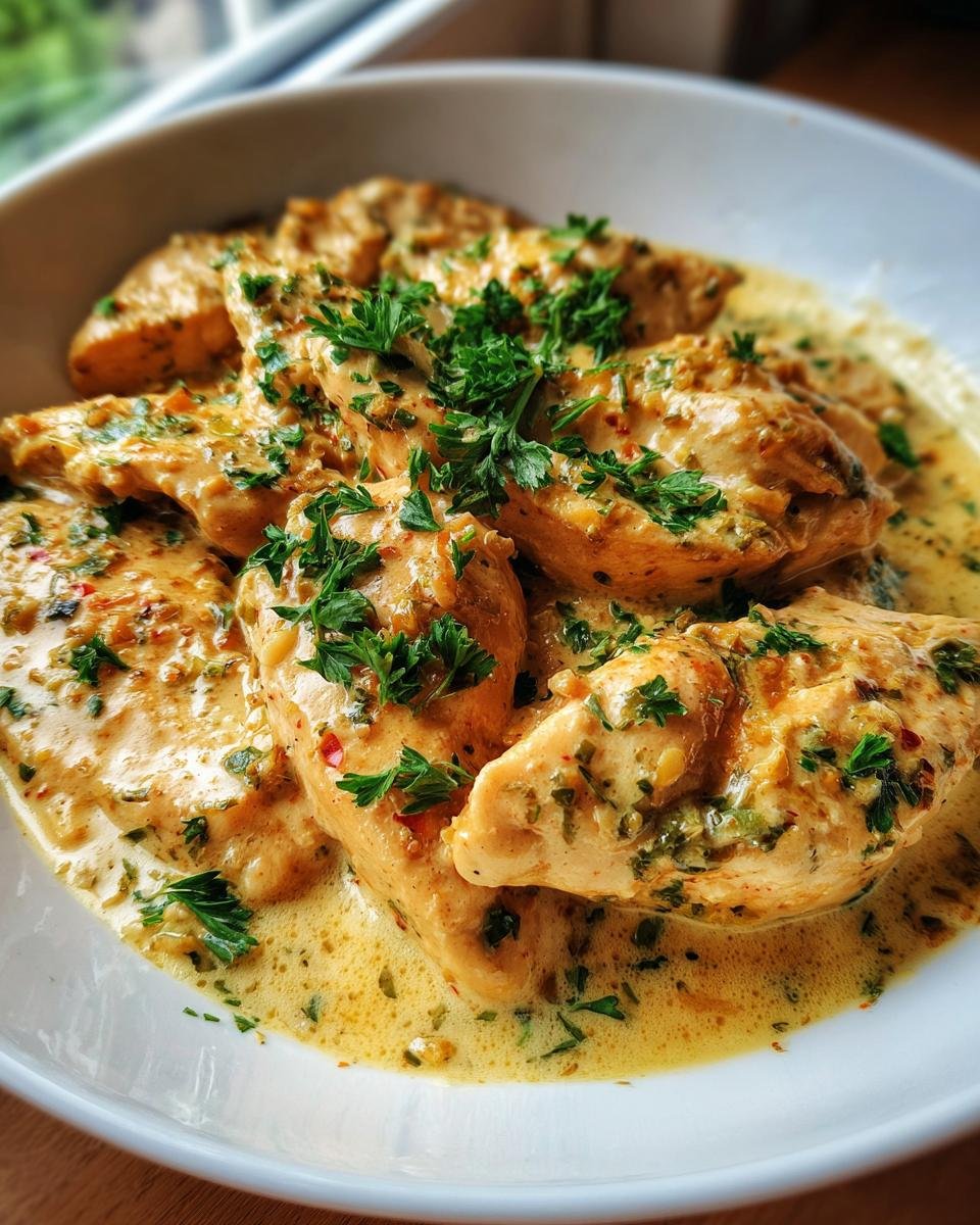 Close-up of Hähnchenfilet in cremiger Knoblauchsauce, garnished with fresh parsley.