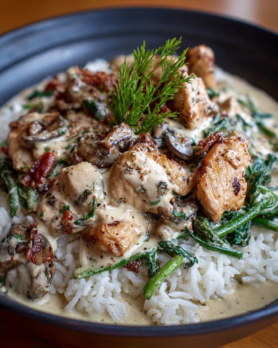 Close-up of Hähnchenfilet in cremiger Knoblauchsauce served over rice with spinach and mushrooms.