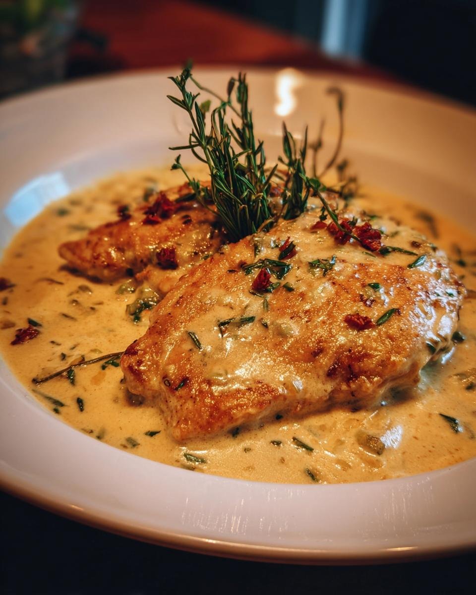 Two pieces of Hähnchenfilet in cremiger Knoblauchsauce, garnished with herbs, on a white plate.