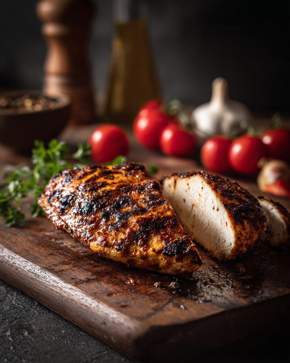 Gegrilltes Hähnchenfilet in cremiger Knoblauchsauce, serviert auf einem Holzbrett mit Tomaten und Kräutern.