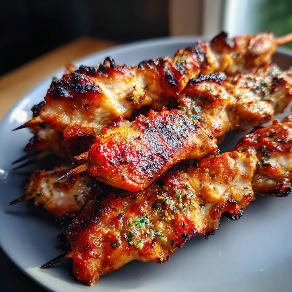 Close-up of delicious Hähnchenspieße aus der Heißluftfritteuse, cooked to perfection and seasoned with herbs.