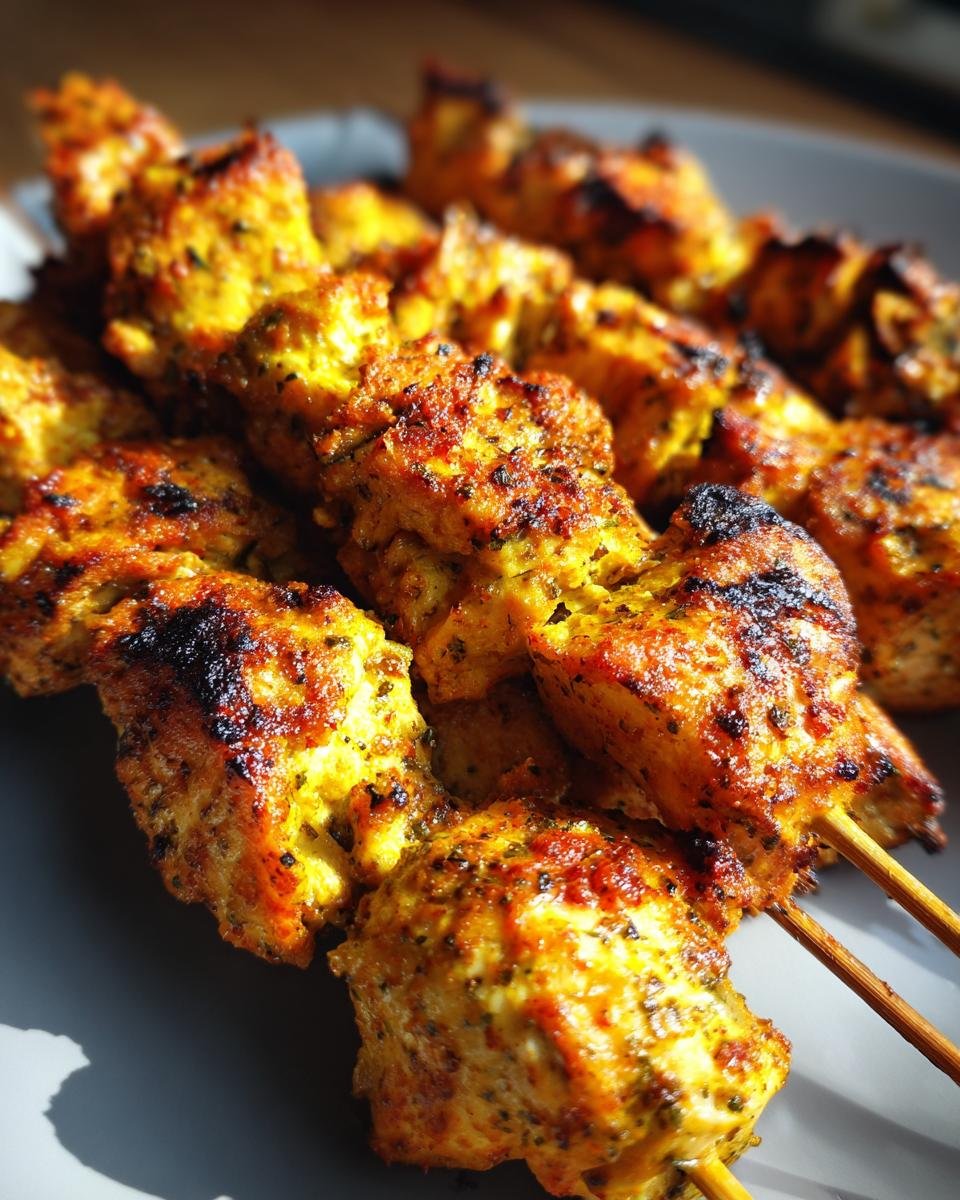 Nahaufnahme von Hähnchenspieße aus der Heißluftfritteuse, goldbraun und lecker.