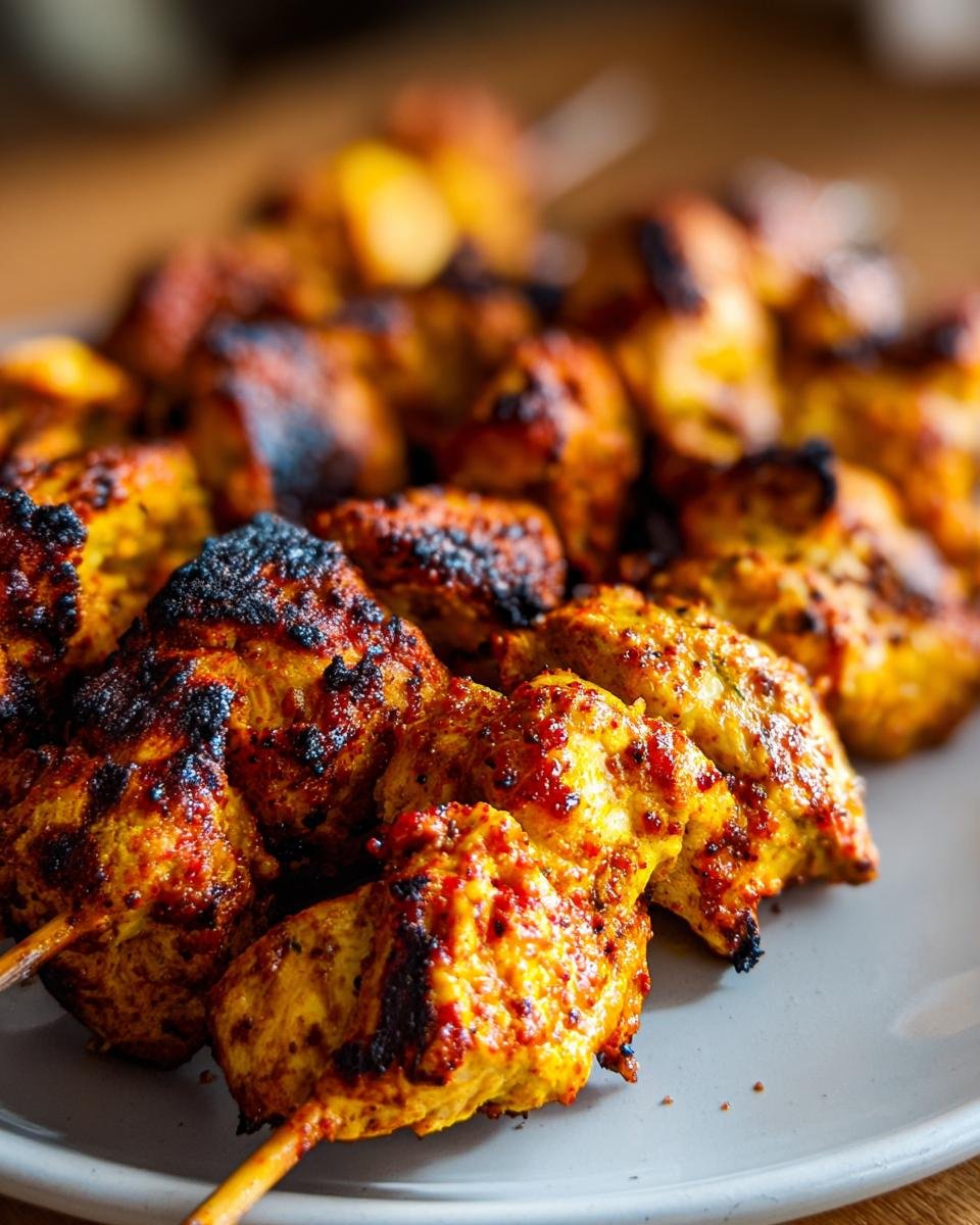 Nahaufnahme von Hähnchenspieße aus der Heißluftfritteuse, goldbraun und servierfertig.