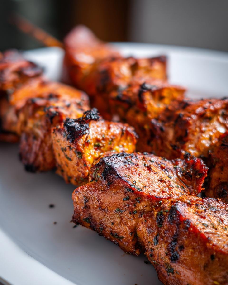 Nahaufnahme von Hähnchenspieße aus der Heißluftfritteuse, perfekt gegrillt und gewürzt.