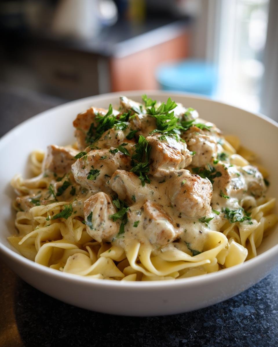 Bowl of Hähnchenstreifen mit 250g Nudeln, topped with creamy sauce and fresh parsley.