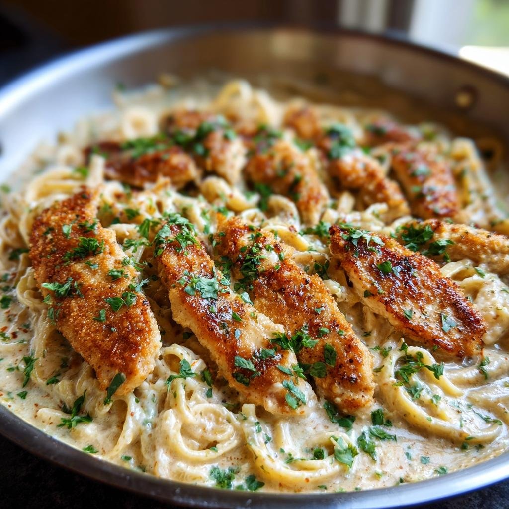 Close-up of Hähnchenstreifen mit 250g Nudeln in a creamy sauce, garnished with fresh parsley.