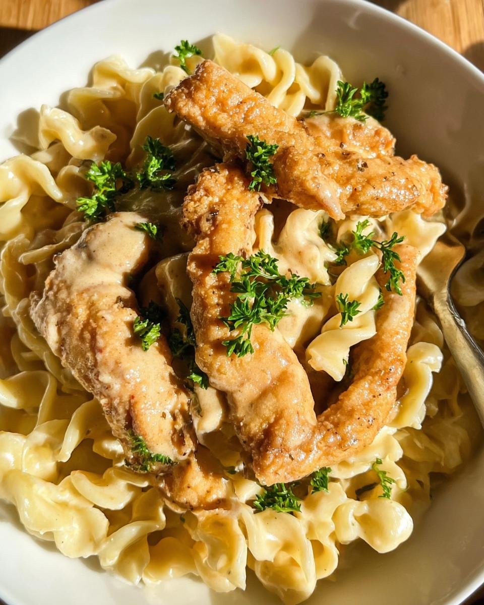 Close-up of Hähnchenstreifen mit 250g Nudeln, garnished with parsley and creamy sauce.
