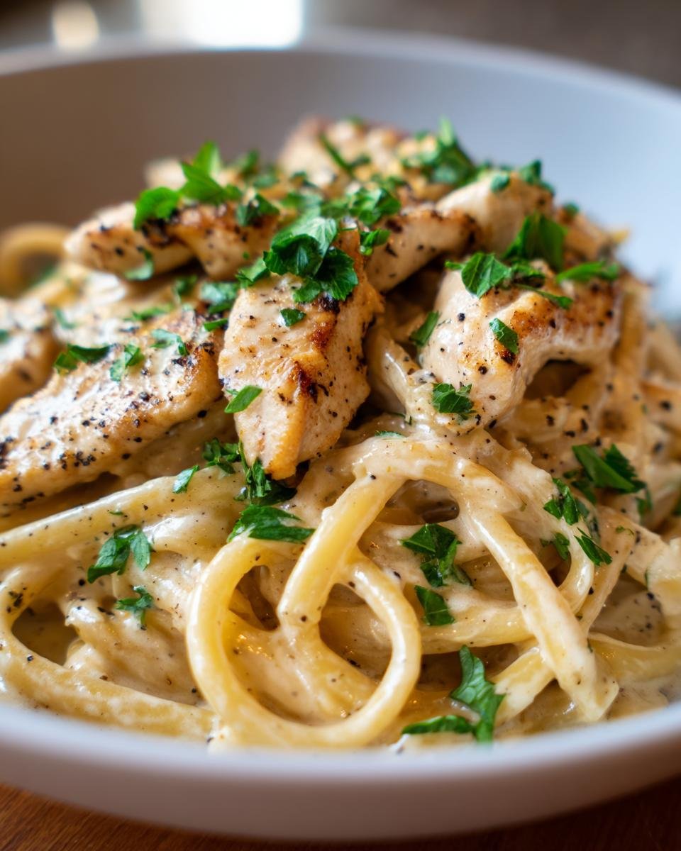 Close-up of Hähnchenstreifen mit 250g Nudeln in a creamy sauce, garnished with fresh parsley.