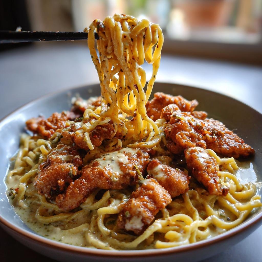 Delicious Hähnchenstreifen mit 250g Nudeln in Sahnesauce, served in a bowl with chopsticks lifting noodles.