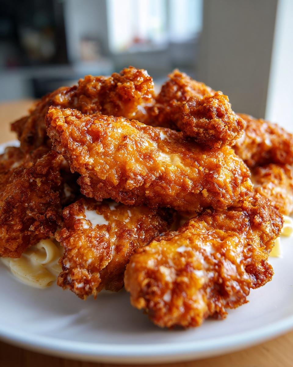 Close-up of Hähnchenstreifen mit 250g Nudeln in Sahnesauce, featuring crispy chicken strips over creamy pasta.
