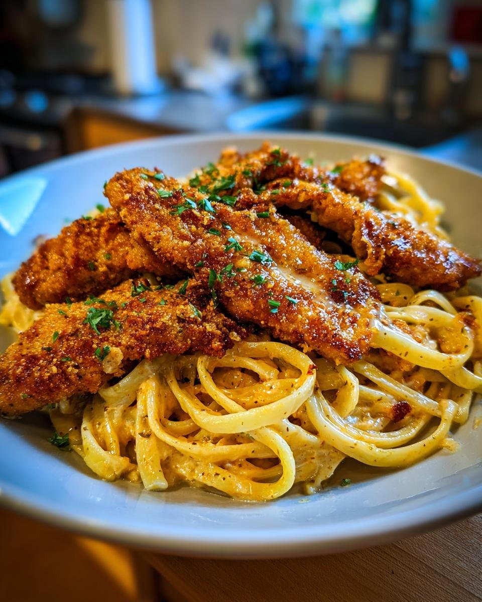 Close-up of Hähnchenstreifen mit 250g Nudeln in Sahnesauce, garnished with herbs on a plate.