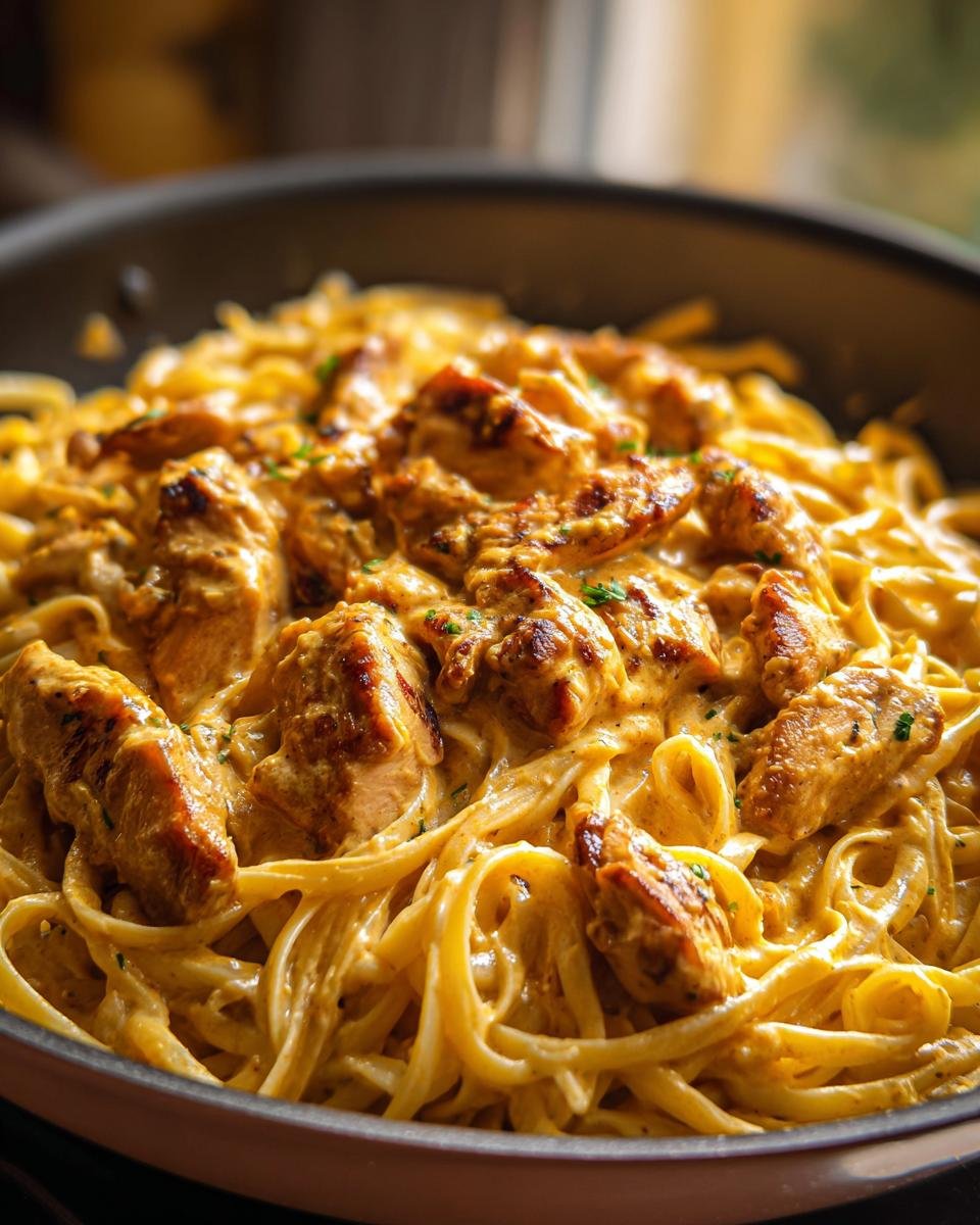 Close-up of Hähnchenstreifen mit 250g Nudeln in Sahnesauce, showing creamy sauce and chicken.