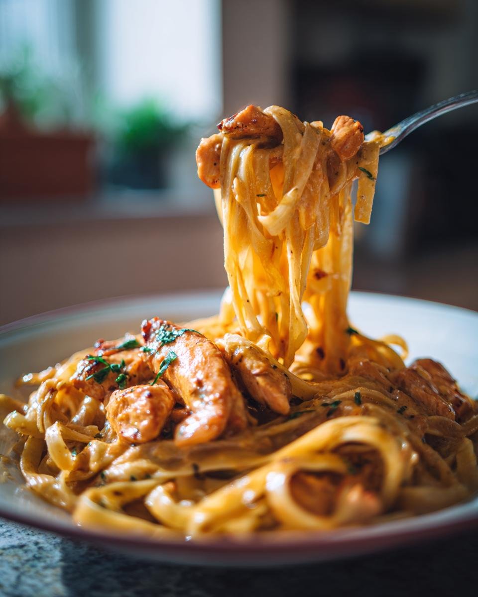 Close-up of Hähnchenstreifen mit 250g Nudeln in Sahnesauce on a fork, showing creamy sauce and chicken.