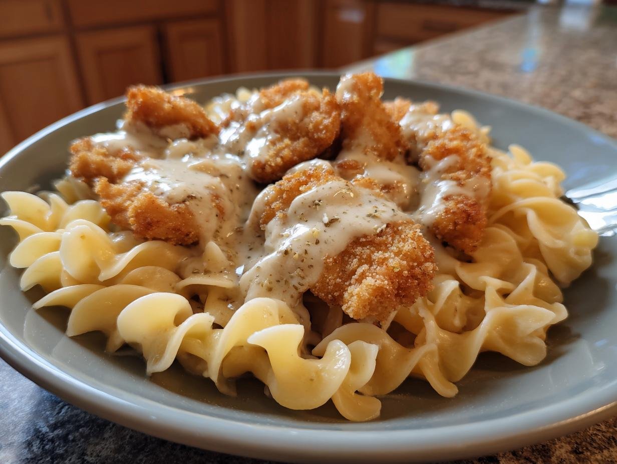 Delicious Hähnchenstreifen mit 250g Nudeln in Sahnesauce served on a plate. Crispy chicken and creamy sauce over pasta.