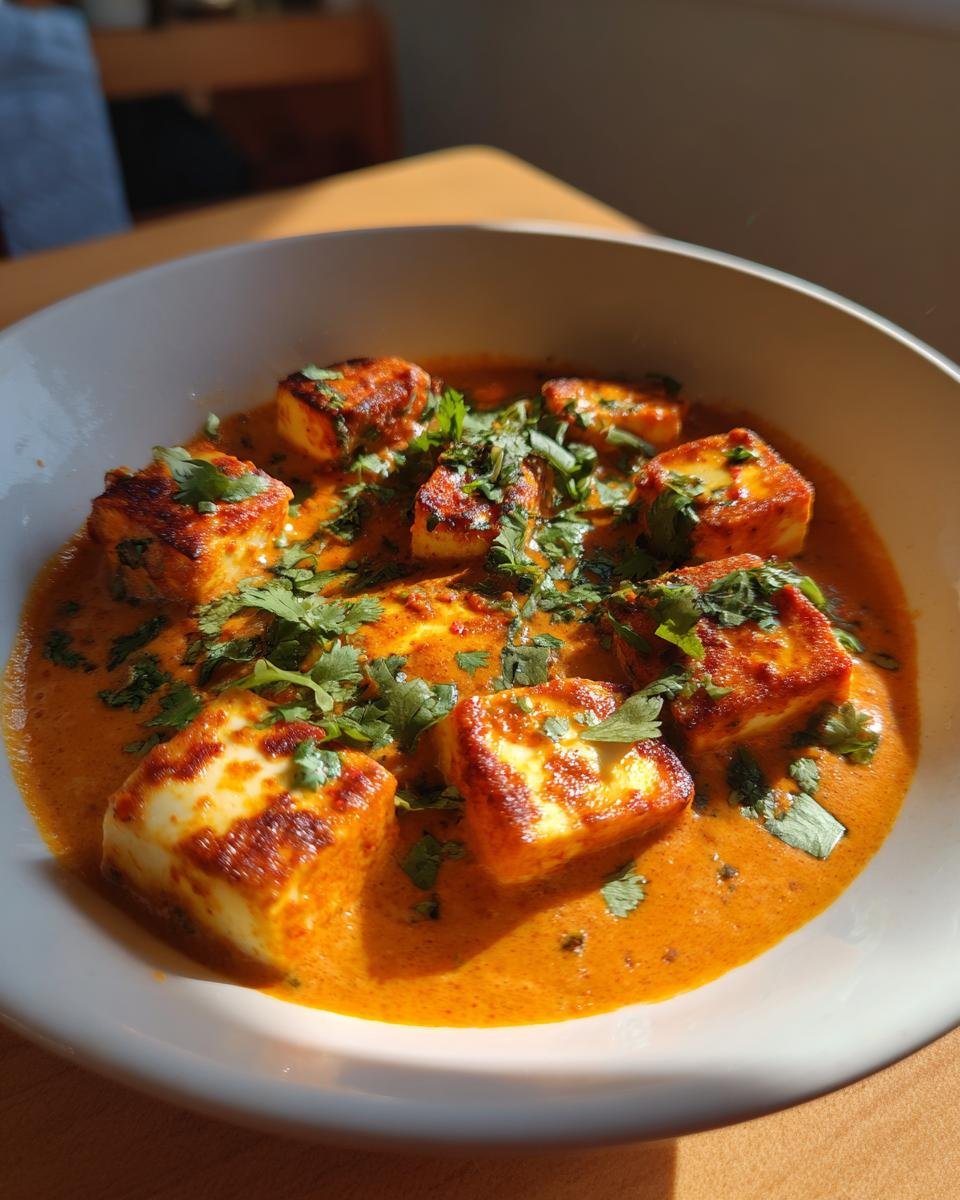 Bowl of Halloumi Tikka Masala garnished with fresh cilantro, ready to eat.