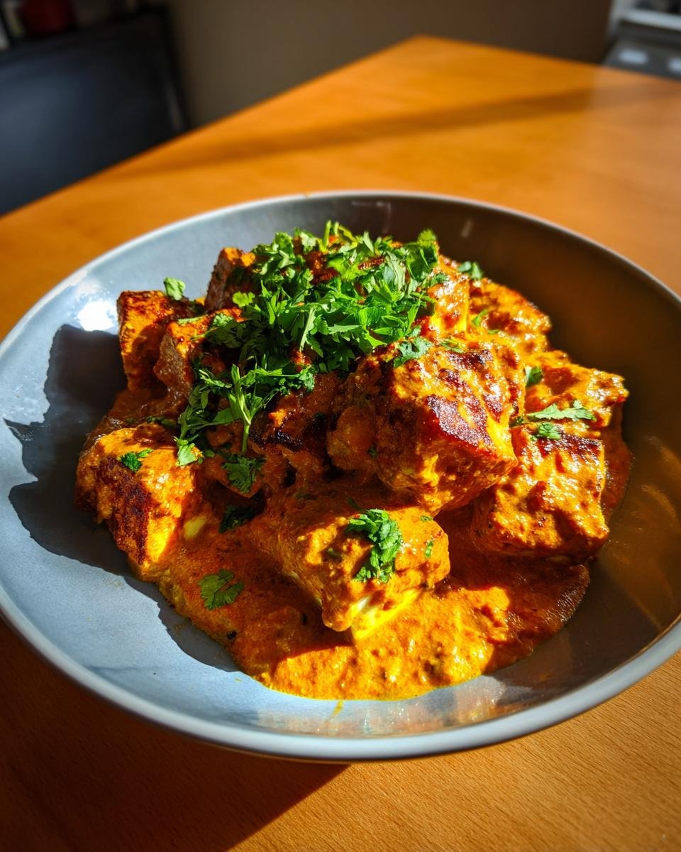 Bowl of Halloumi Tikka Masala topped with fresh cilantro on a wooden table.