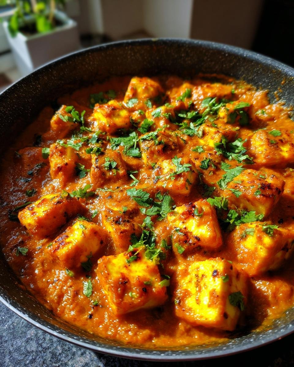 Close-up of Halloumi Tikka Masala in a pan, garnished with fresh cilantro.
