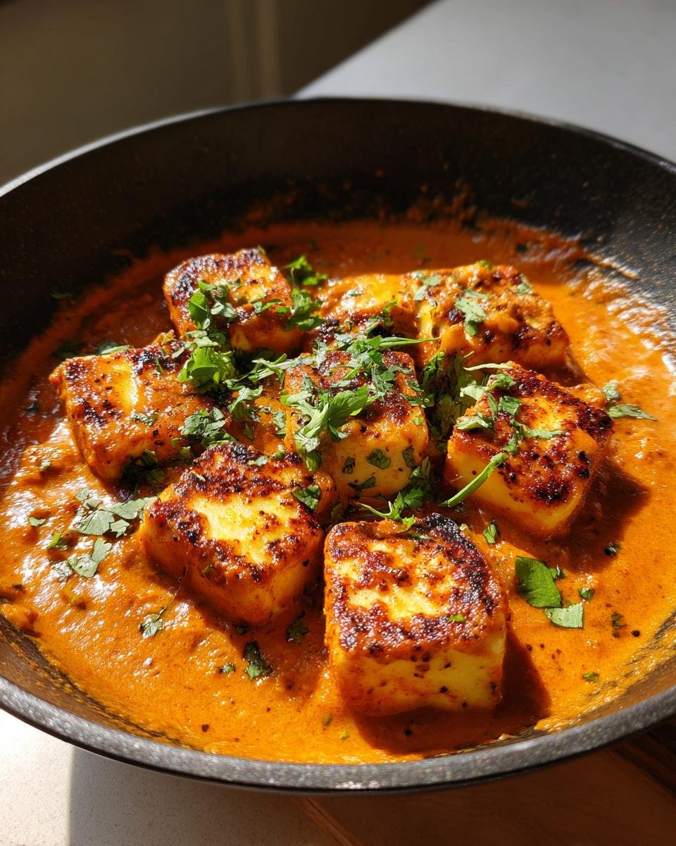 Halloumi Tikka Masala in a pan, garnished with fresh cilantro. Delicious and ready to eat.