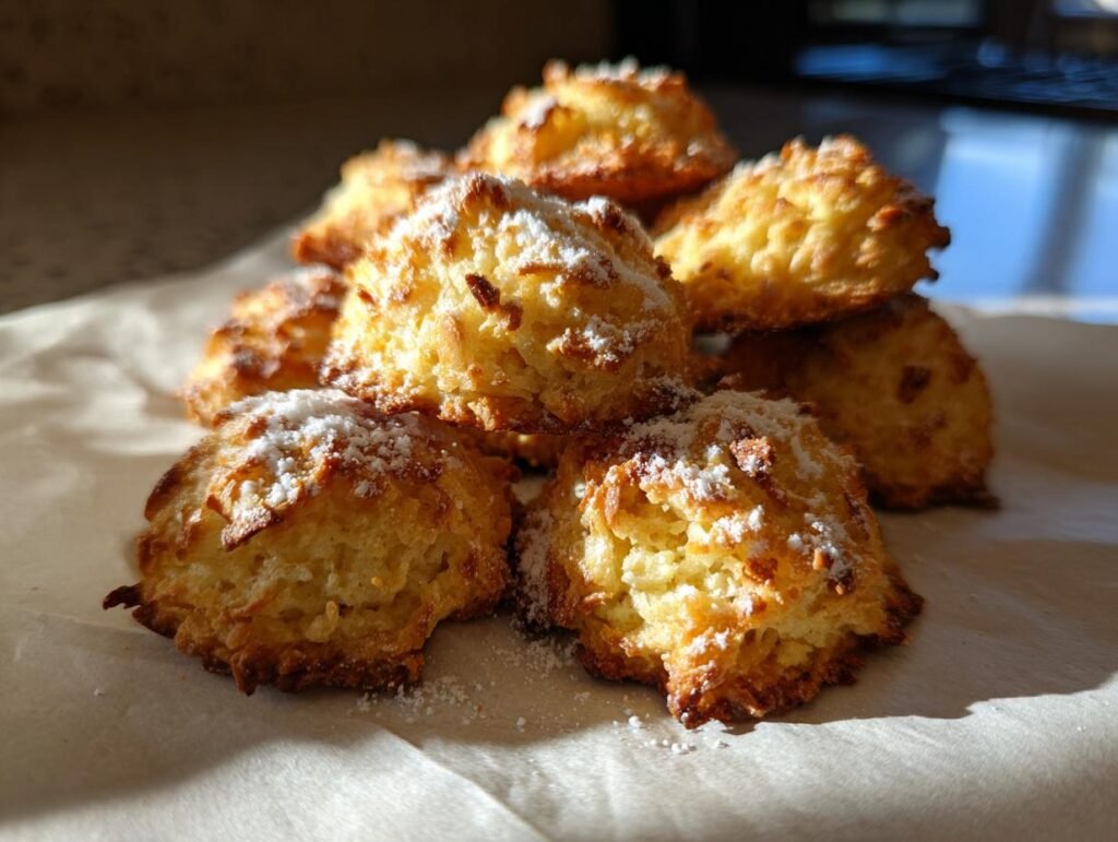 A pile of golden Haselnussmakronen Rezept cookies dusted with powdered sugar.