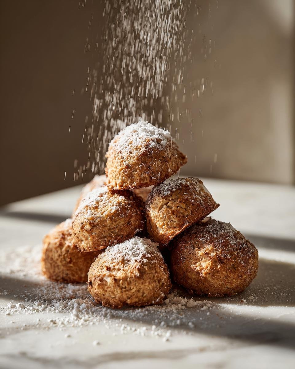 A stack of Haselnussmakronen Rezept cookies being dusted with powdered sugar.