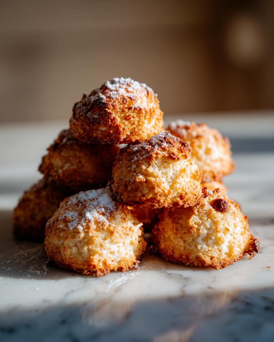 A stack of golden brown Haselnussmakronen Rezept cookies dusted with powdered sugar.