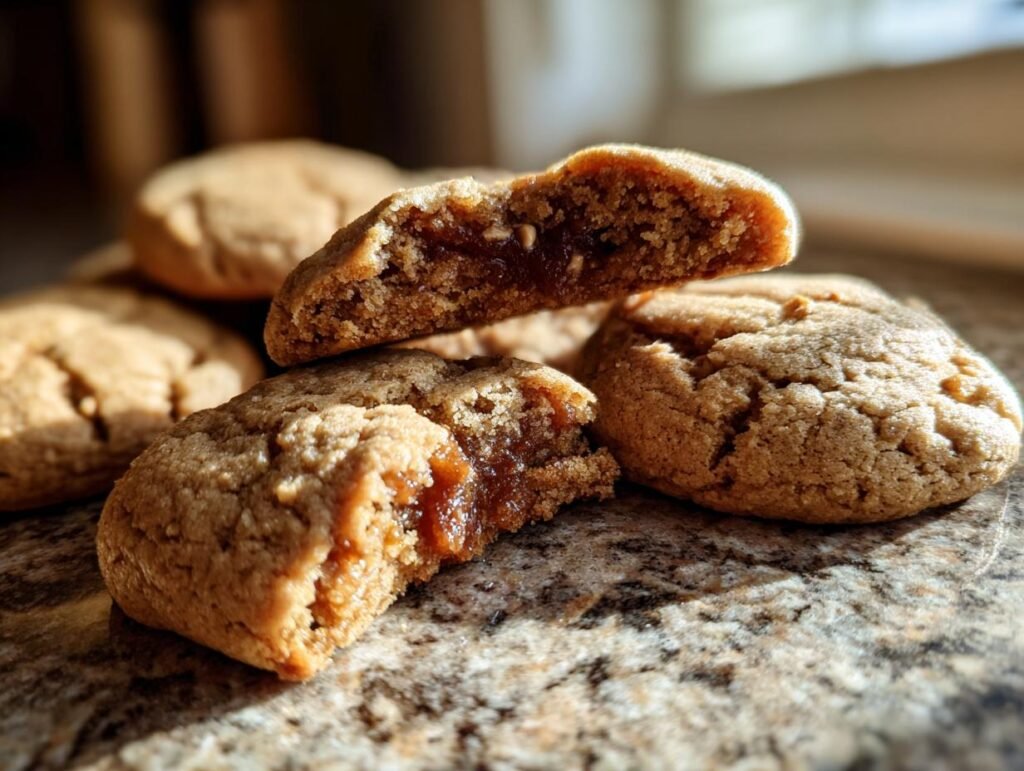 Close-up of Haselnusstaschen cookies with hazelnut filling, showcasing their texture and deliciousness.