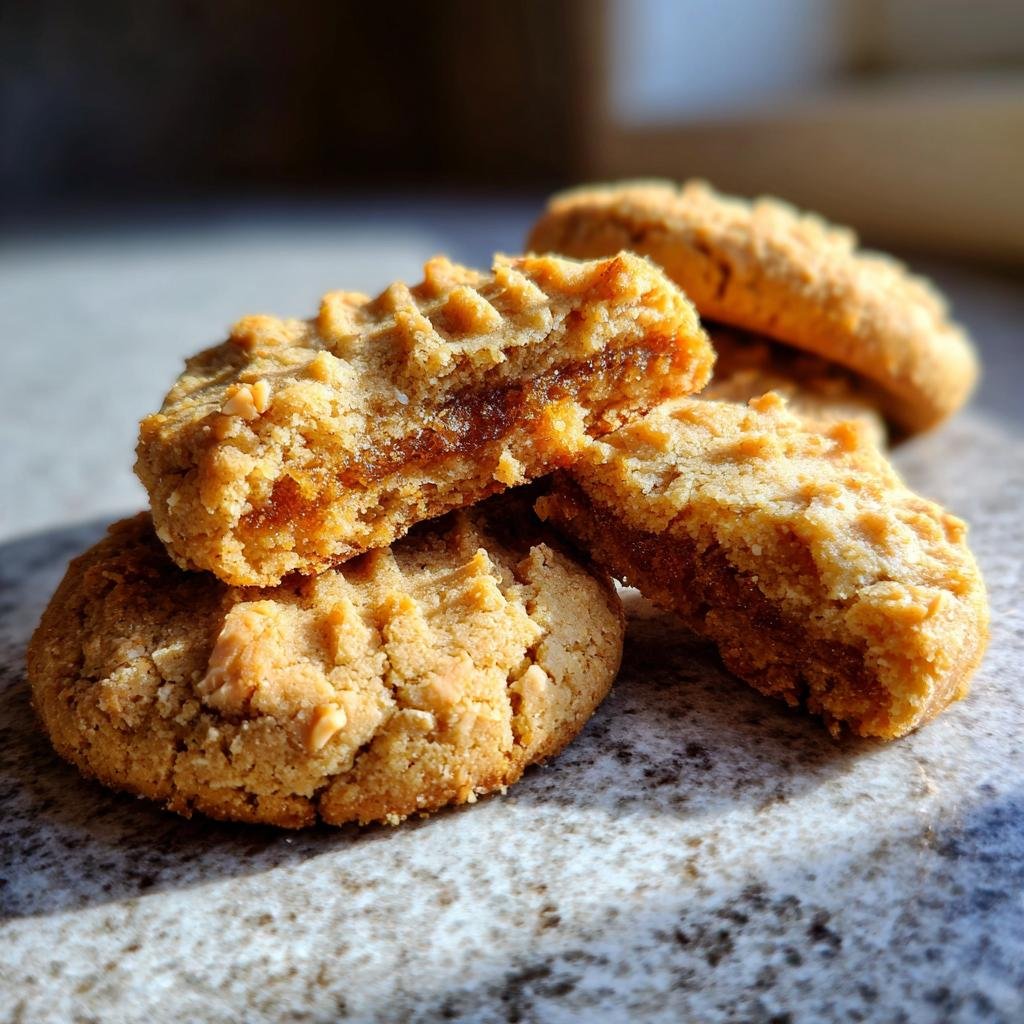 Close-up of stacked Haselnusstaschen cookies, one broken to show the filling.