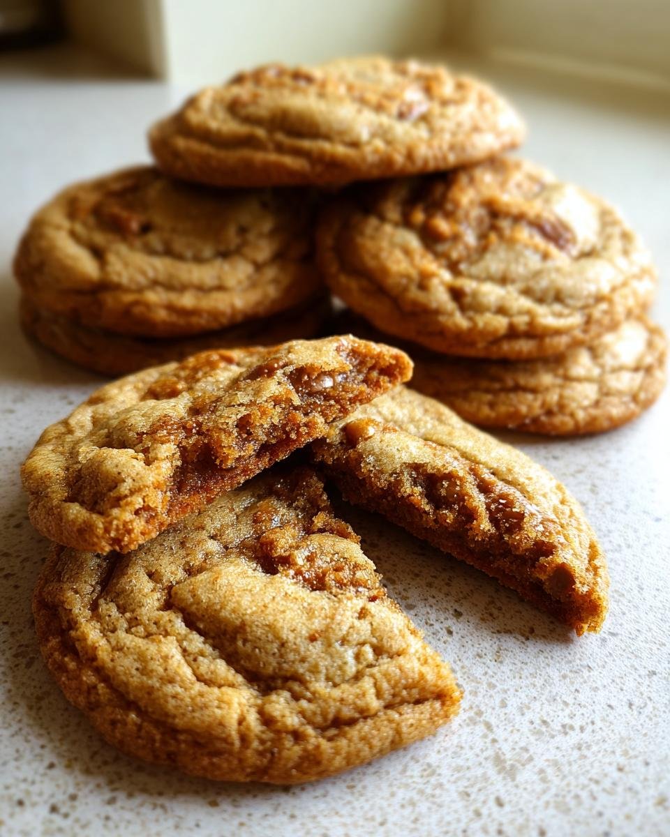 Close-up of stacked Haselnusstaschen Plätzchen, one broken to show the hazelnut filling.