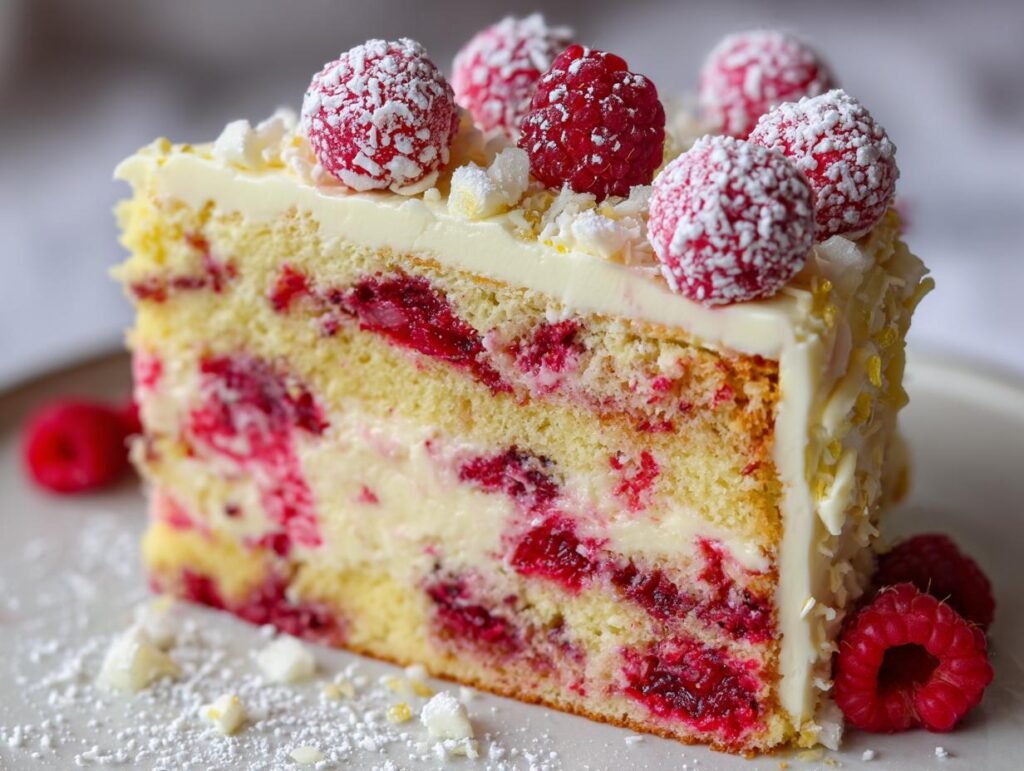 A slice of Himbeer-Raffaello-Torte ohne Gelatine, showcasing layers of cake, cream, and fresh raspberries.