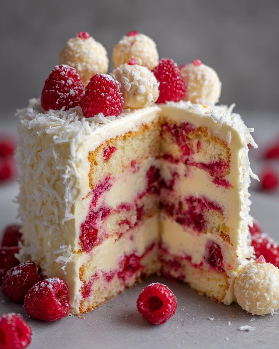 A slice of Himbeer-Raffaello-Torte ohne Gelatine, showcasing layers of cake, cream, and raspberries, topped with Raffaello candies.