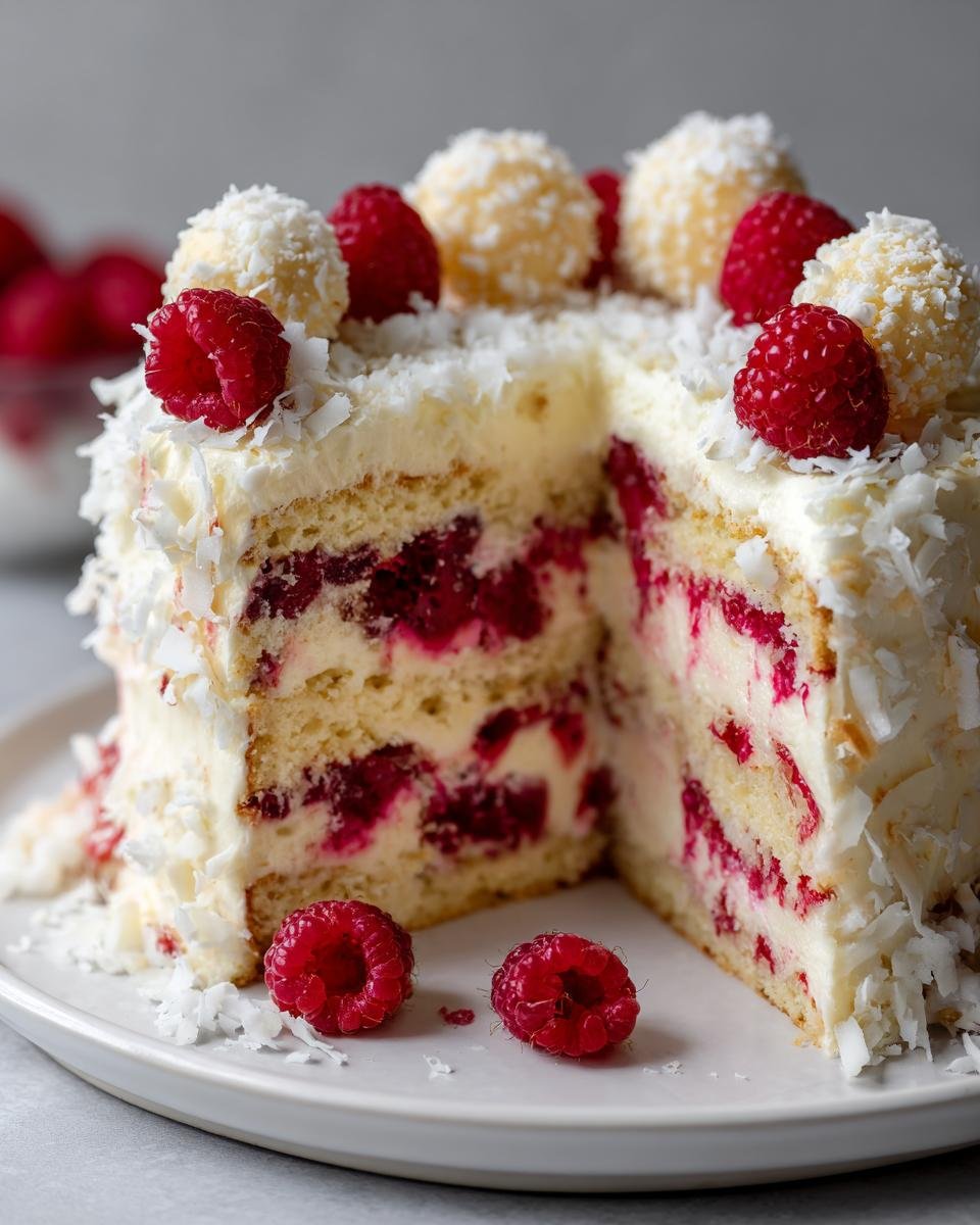 A slice of Himbeer-Raffaello-Torte ohne Gelatine, decorated with raspberries and Raffaello candies.