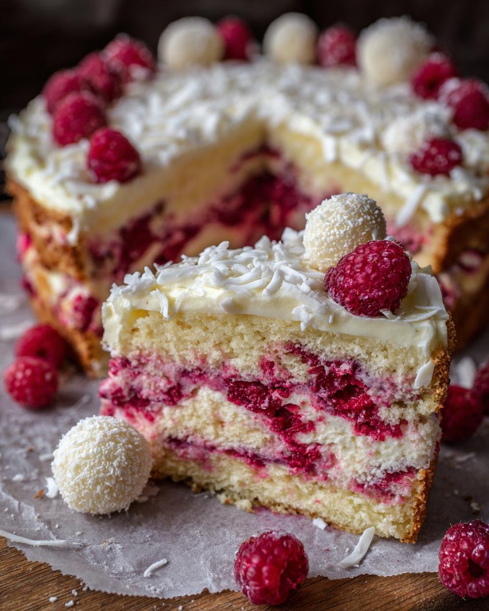 A slice of Himbeer-Raffaello-Torte ohne Gelatine, decorated with raspberries and Raffaello candies.
