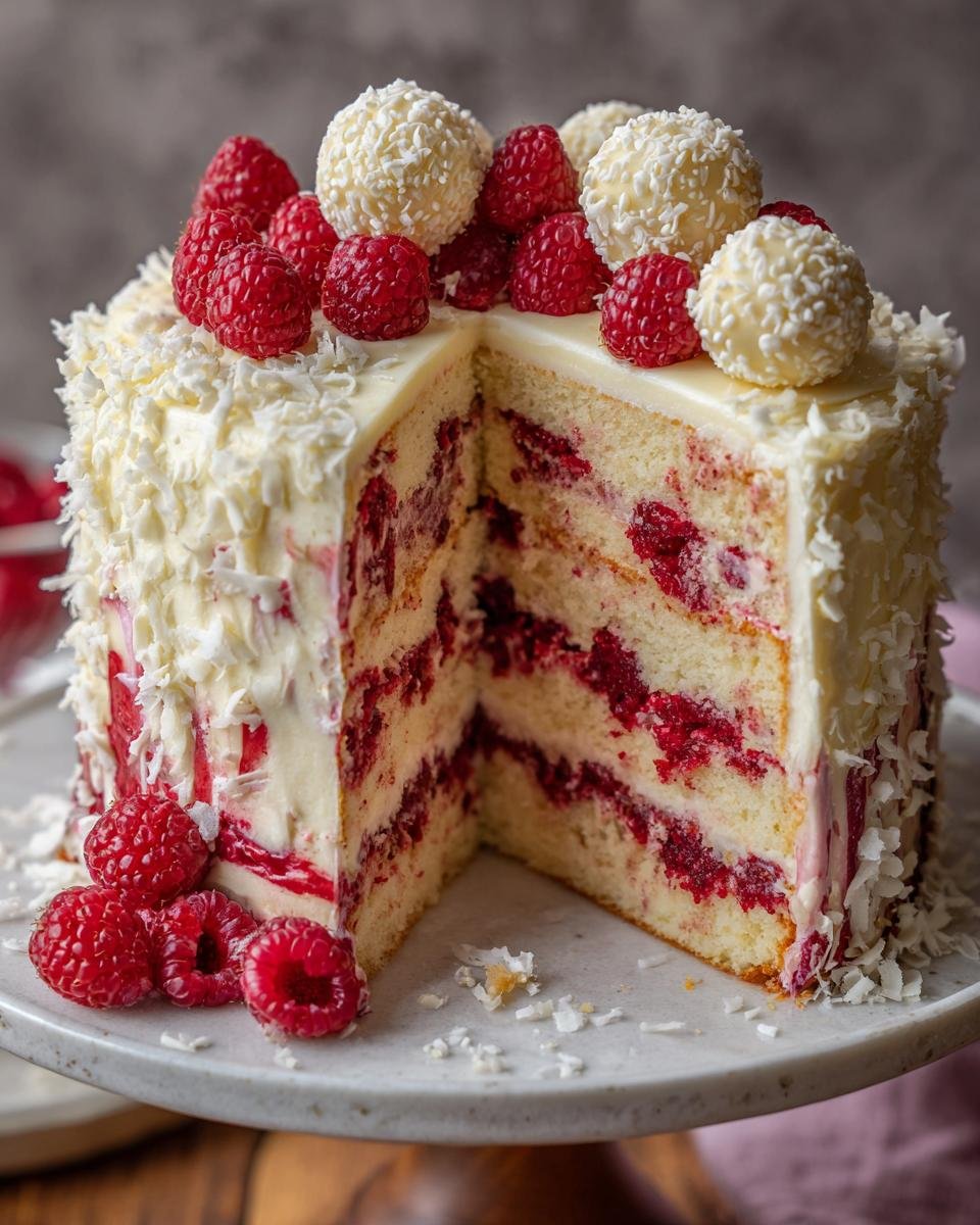 A slice of Himbeer-Raffaello-Torte ohne Gelatine, showcasing layers of cake, raspberries, and cream, topped with Raffaello candies.