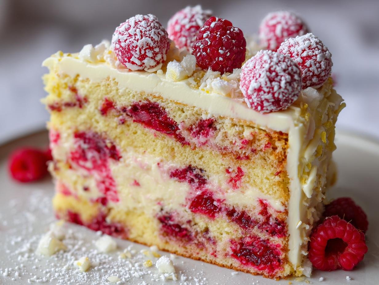 A slice of Himbeer-Raffaello-Torte ohne Gelatine, showcasing layers of cake, cream, and fresh raspberries.