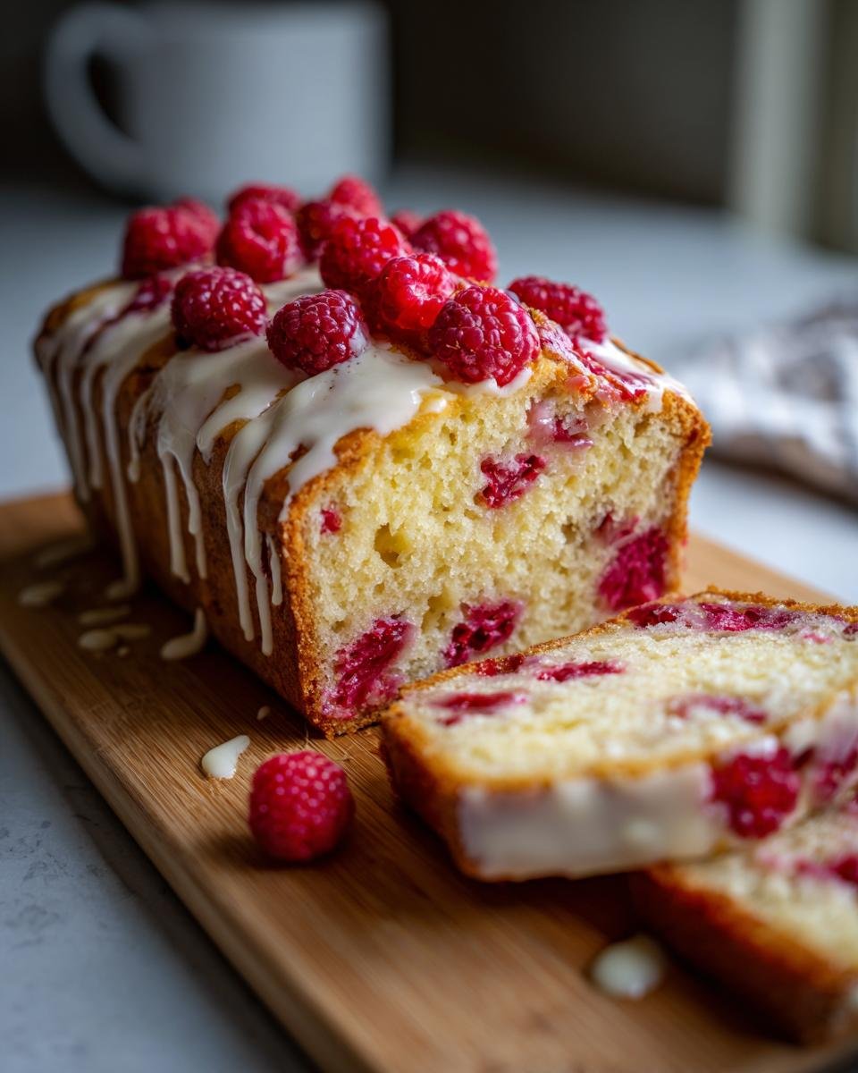 A loaf of Himbeerkuchen mit weißer Schokolade, topped with raspberries and white chocolate drizzle, sits on a wooden board.
