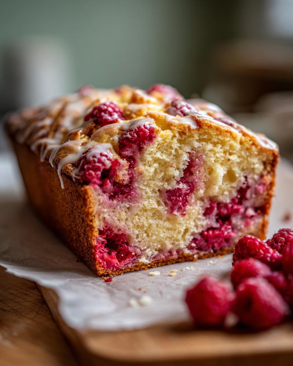 Ansicht von Himbeerkuchen mit weißer Schokolade, dekoriert mit frischen Himbeeren und Zuckerguss.